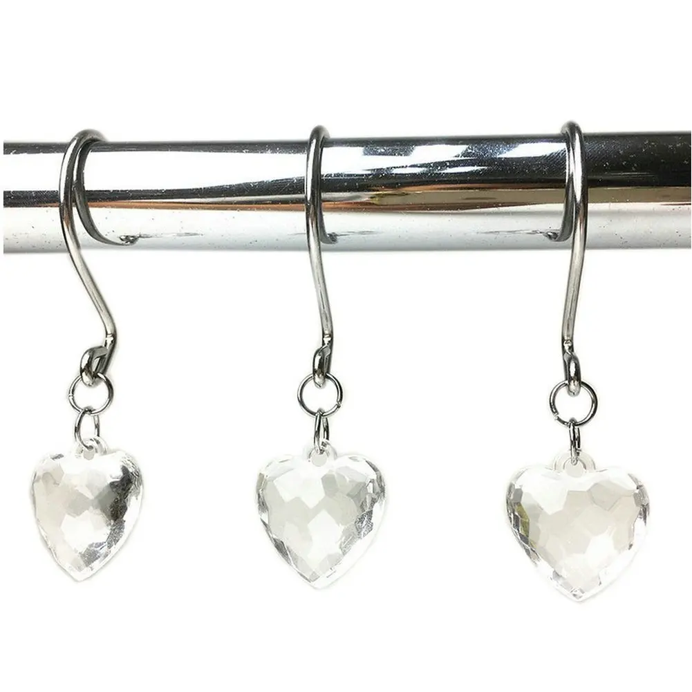 12 PCS Lovely Clear Acrylic Heart Crystal Shower Curtain Hooks Shower