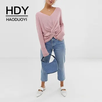 

HDY Haoduoyi Knot Front Jumper Simple Young Girl V-neck Fold Pullovers Loose Design Long Sleeve Knit Solid Pink Sweater Female