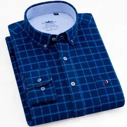 Синий плед Мужская рубашка оксфорд натуральный хлопок осень Роскошные повседневное Camisa мода Slim Fit chemise homme в клетку Мужская одежда 4XL 5XL