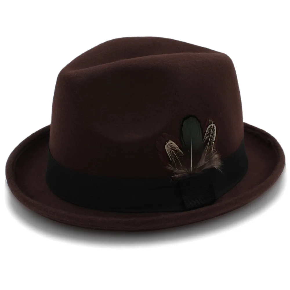 Мужские шерстяные шляпы Fedora для папы, папы, свернутые краями, перо, декоративная шляпка для церкви, Мужская джазовая Кепка Панама, шляпа - Цвет: Coffee