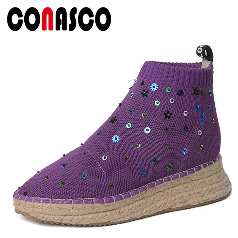 

CONASCO 1New Arrival Women Ankle Boots Autumn Warm High Heels Shoes Woman Brand Design Round Toe Bling Quality Stretch Boots