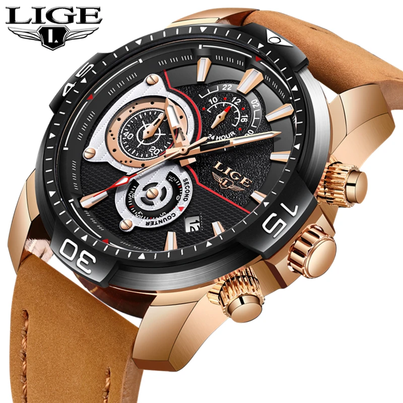 

LIGE Mens Watches Top Brand Luxury Casual Waterproof Sport Watch Men Army Military Watch Leather Quartz Watch Relogio Masculino