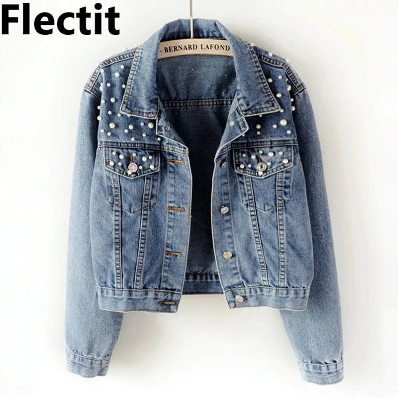 Женская джинсовая куртка с жемчугом Flectit синяя средней длины 90s Дамская