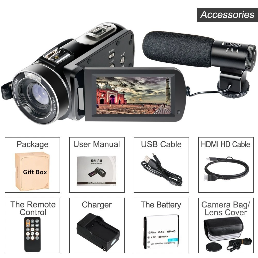 

Hot Wifi Camcorder Full HD 1080P 30FPS Portable Digital Video Camera with External Microphone (HDV-Z20)