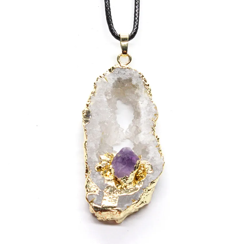 

100-Unique Ethnic Style 1 Pcs Light Yellow Gold Color Irregular Shape Geode Rock Crystal With Amethysts Stone Pendant