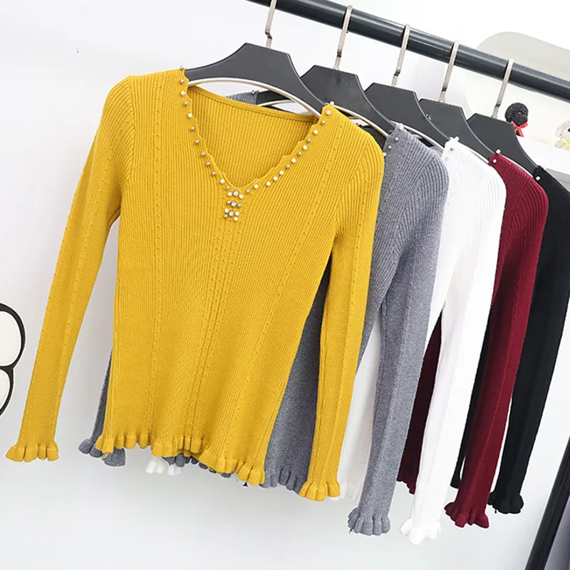 Spring Autumn Women Sweater 2019 New Fashion Beading V-neck Knitted Tops Solid Slim Elasticity Knit Pullover Sweater Female Y87