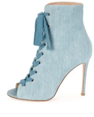 Toe Picture Grand 10 Heesls Gladiateur Bleu Bottines As Jeans Bootie Taille Sandale Denim Sexy Automne Peep Mince Printemps Lace up Bottes LpjqVSUzMG