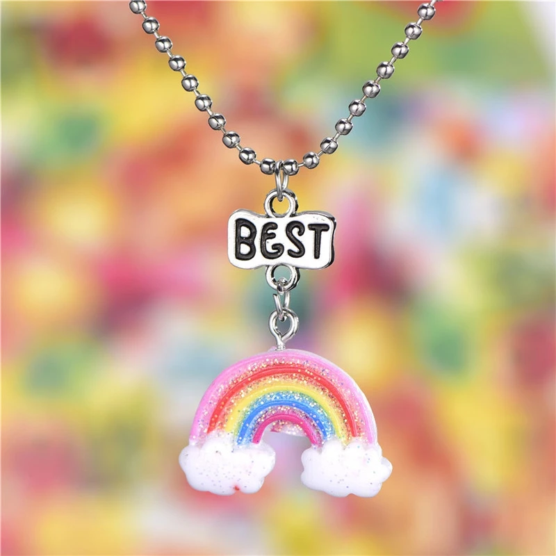 New Fashion 1set(2pcs) Resin 3-D Rainbow Pendant Best Friends Necklace BFF Chain Necklace Children Girl Jewelry Gift, TCN725