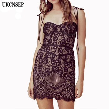 

2020 New Chic Women Lace Dress Sleeveless Straps Lace Patchwork Bandage Dress Elegant Women Party Dress Vestidos