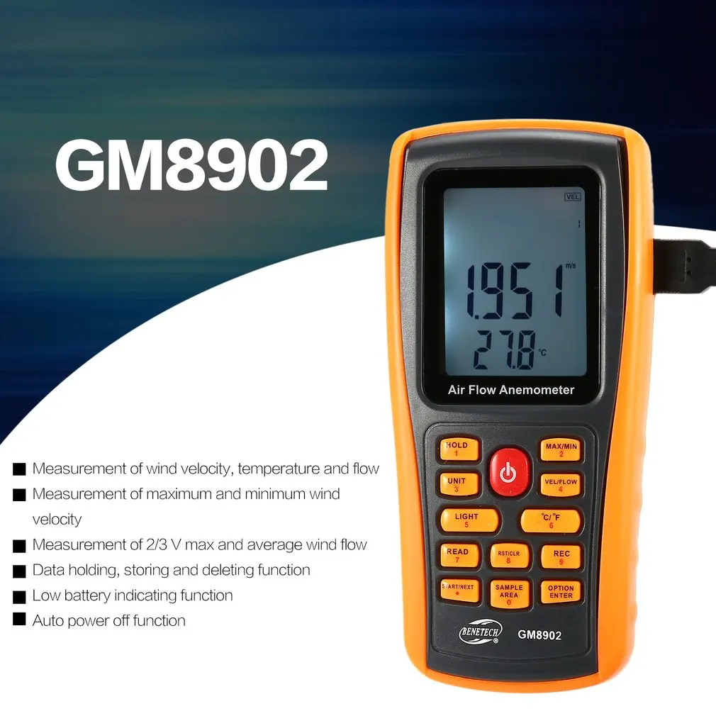 

BENETECH GM8902 0-45M/S Digital Anemometer Wind Speed Meter Air Volume Ambient Temperature Tester With USB Interface