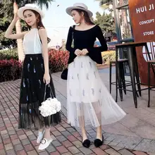 Горячее весеннее Новое поступление юбка с вышивкой из перьев, элегантная узкая марлевая плиссированная юбка с высокой талией, высокое качество