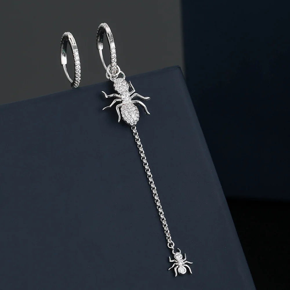 

UMGODLY Luxury Brand Asymmetric Ant Earrings Cubic Zirconia Silver Color Long Drop Earrings Women Party Lover Jewelry