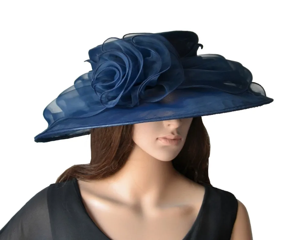 NEW 4 colours Navy blue big organza hat bridal hat with feathers for