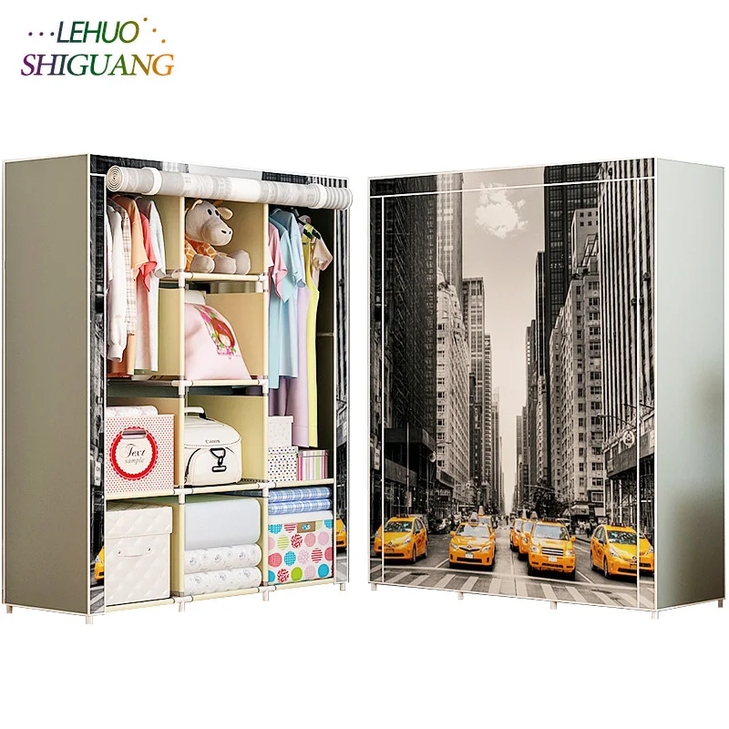 

3D pattern fashion large Wardrobe Non-woven Steel frame reinforcement Standing Storage Organizer Detachable bedroom furniture