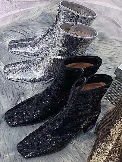 

2019 Summer Newest Thick Heels Boots Sexy Square Toe Black Silver Glitter Embellished High Heel Shoe Woman Fasion Riding Boots