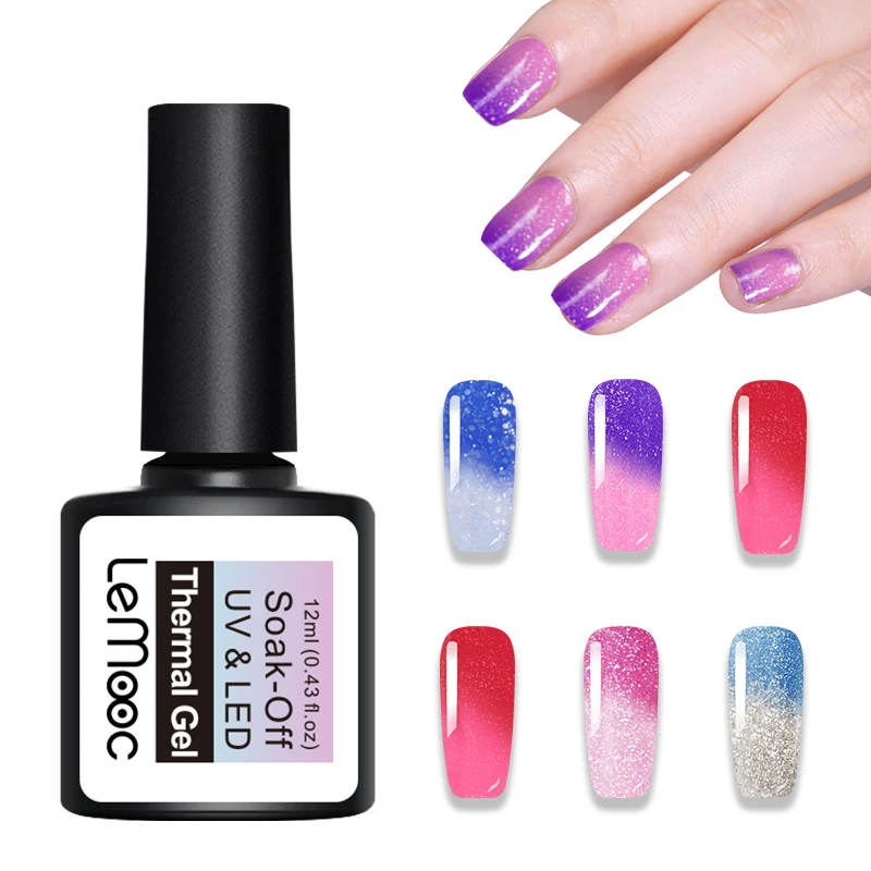

LEMOOC 12ml Thermal Glitter Gel Temperature Color Changing Nail Polish Shimmer Soak Off UV Gel Varnish Nail Art Design