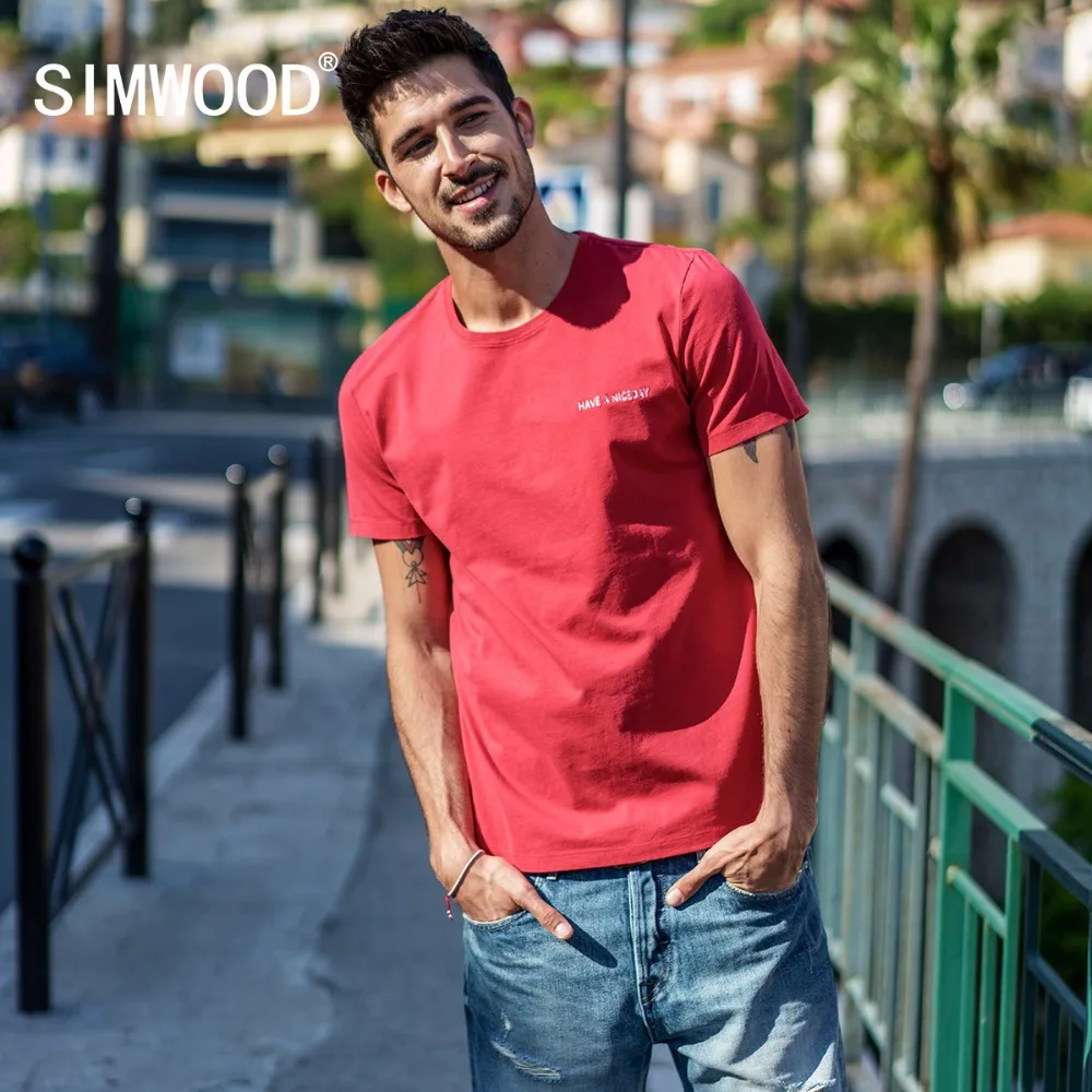 

SIMWOOD 2019 Summer Fashion T-Shirt Men 100% Pure Cotton Casual Slim Fit Plus Size Top Tee Letters Print Brand Clothing 180177