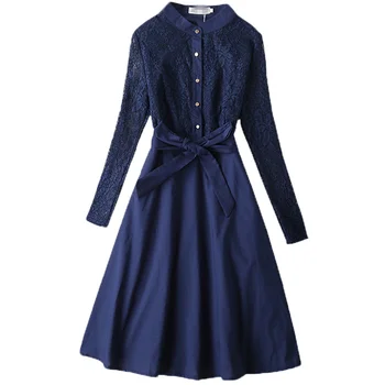 

2018 Fashion New Spring Autumn Women Long Sleeved Dress Retro Collar Casual Slim Dresses With Belt Cute Z378