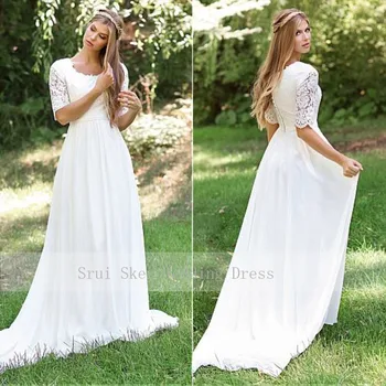 MEJOR OFERTA ❤️ Vestido de novia clásico de encaje con cuello redondo, falda de gasa, diseño de media manga, a medida, cremallera trasera, 2019 - discount item 10% OFF Bodas y eventos