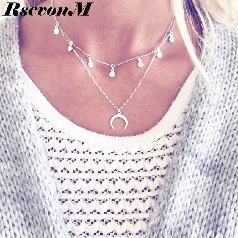 

RscvonM 2018 New Fashion Double Horn Necklace Crescent Moon Necklace Boho Jewelry Minimal Girlfriend Gift lady choker necklace