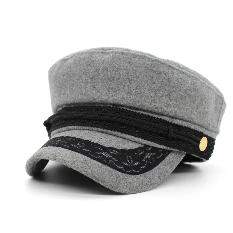 Ditpossible модные шапки с кружевами для девочек, шапки в стиле милитари, женские шапки из шерсти и хлопка, черные, серые, темно-синие - Цвет: gray