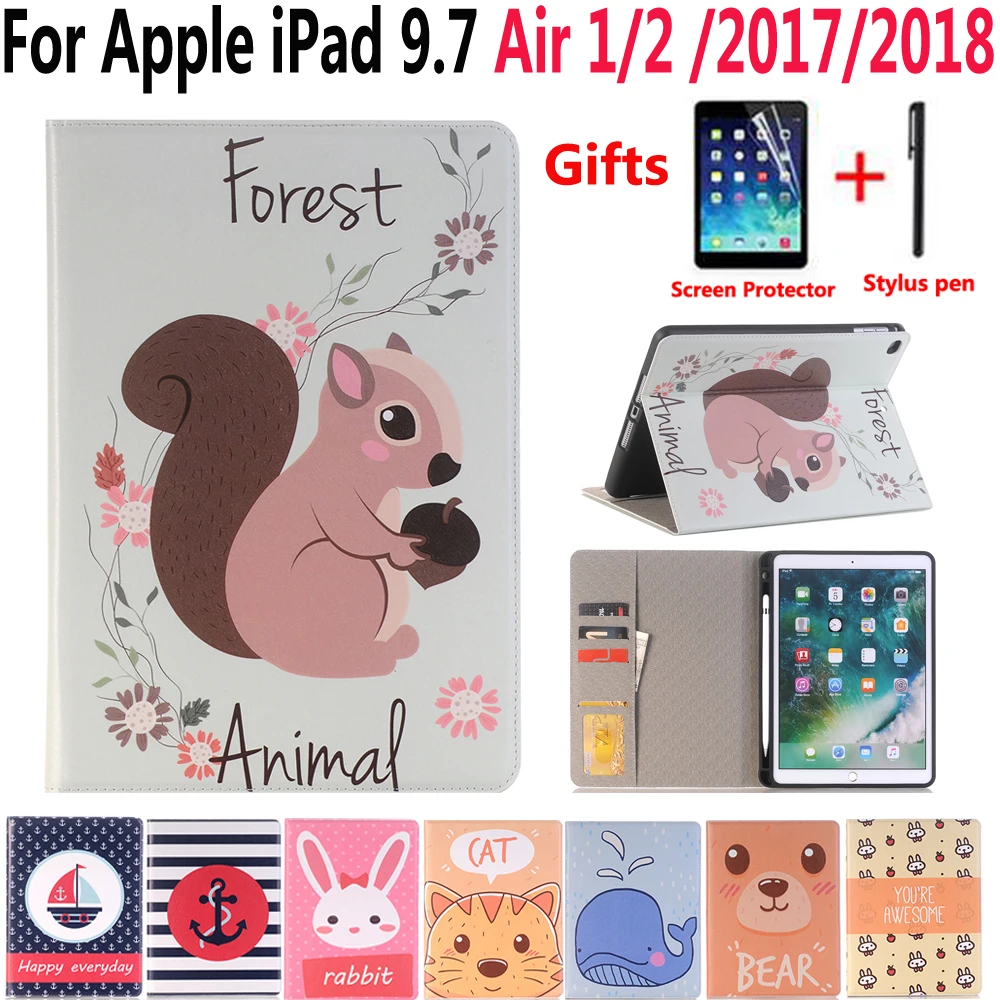 

Cartoon Leather Case Pencil For Apple New iPad 9.7 2017 2018 A1822 A1893 Cover For iPad Air 1 2 iPad 5 6 Case Stand Shell+Film