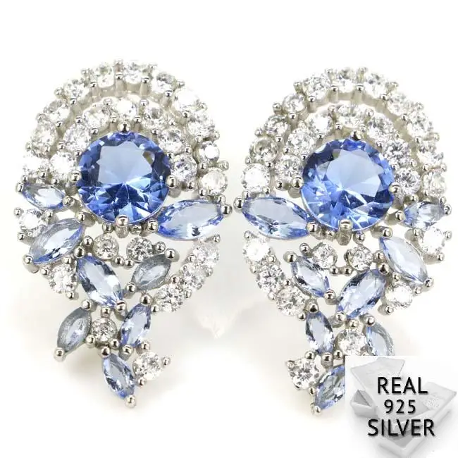 

Real 5.1g 925 Solid Sterling Silver Elegant Rich Blue Violet Tanzanite CZ SheType Stud Earrings 25x15mm