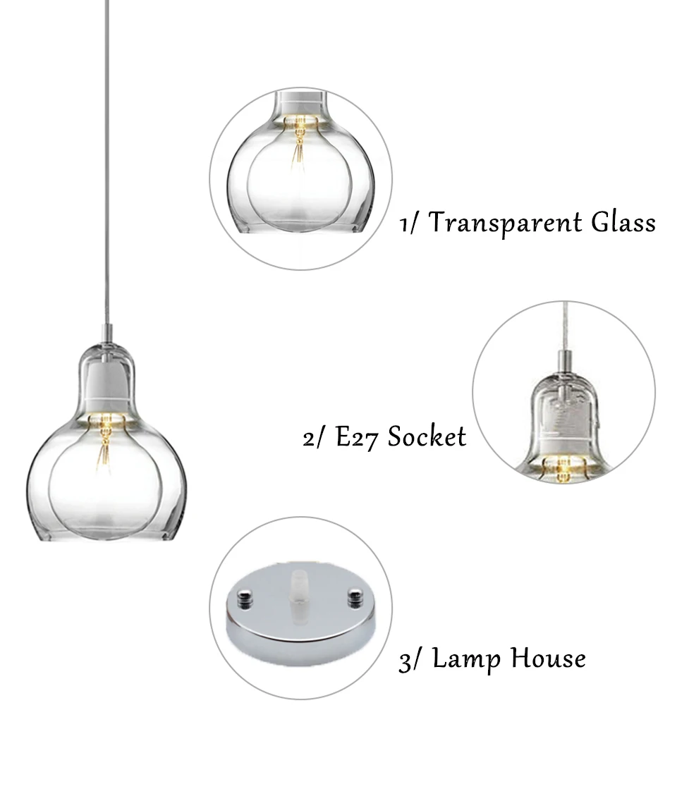 Современные подвесные светильники из прозрачного стекла, прозрачные/серые/Янтарные подвесные лампы E27