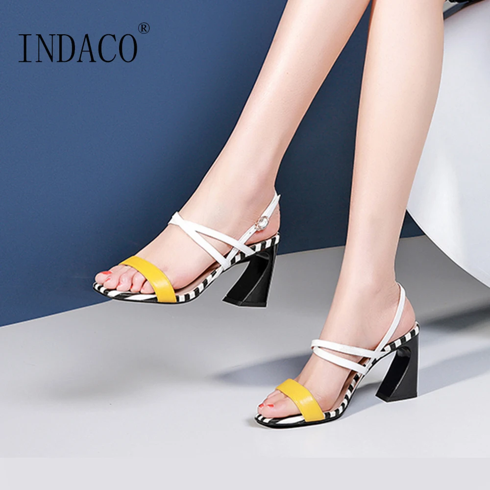 Las Abierta Rojo Mujeres Rayas Zapatos amarillo Sandalias 2019 Gruesos Verano De Punta Tacones qwOqaRr