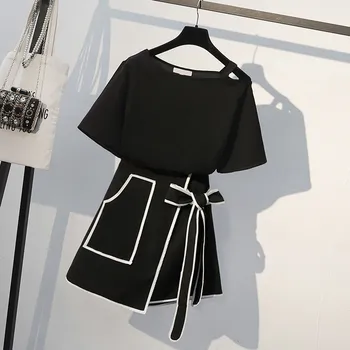 

Summer Women Slash Off Shoulder Long T Shirt & Elegant Irregular Hem Skirt Suits Fashion Female Office Work Plus Size Sets