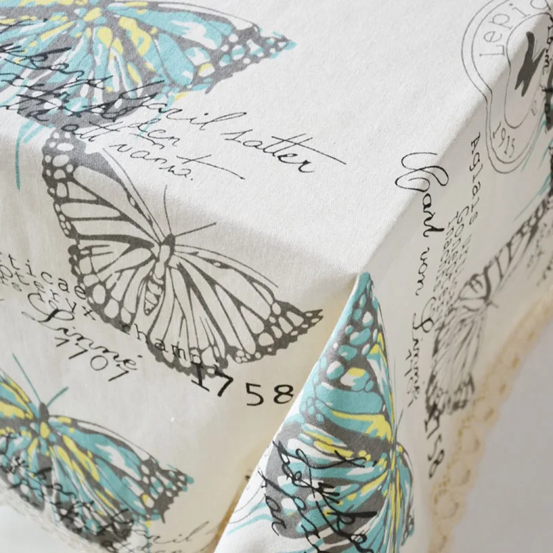 

Linen Cotton Table Cloth Printed Dustproof Table Covers toalha de mesa Europe Style Rectangular Lace Edge Tablecloths butterfly