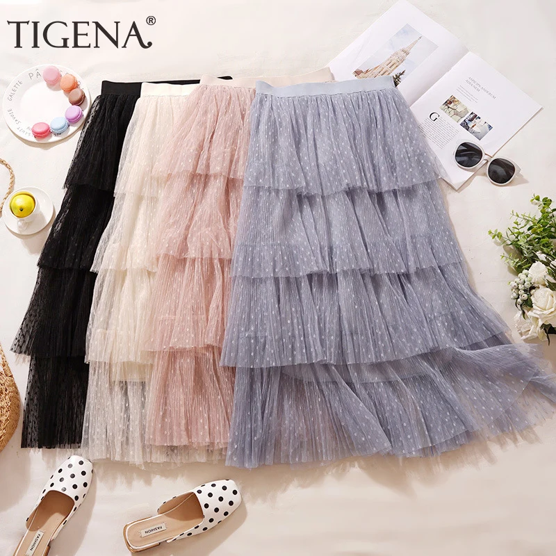 

TIGENA Long Maxi Tulle Skirt Women 2019 Spring Korean Fashion Polka Dot Print Skirt Female High Waist Pleated Tiered Skirt Pink
