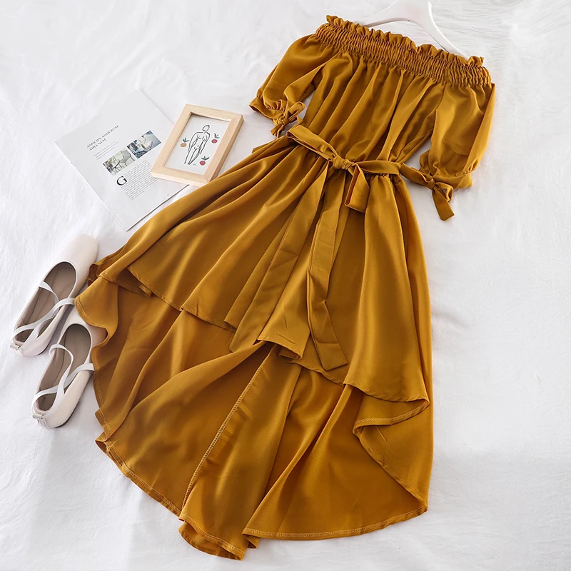

2019 new fashion women's dresses Irregular hem summer strapless neckline dress temperament slimming holiday J110