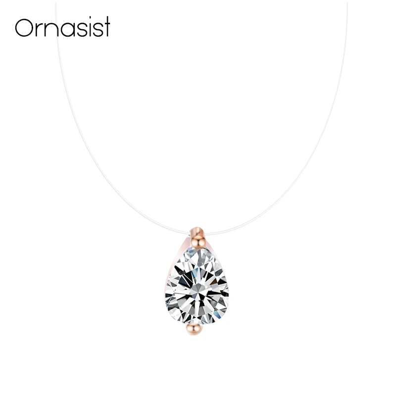 

Invisible Transparent Water Drop Zircon Pendant Necklace Women Kolye Collier Femme Gold Silver Color Fishline Choker Necklaces