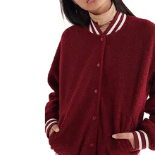 Осень-зима женские красные ретро кнопку искусственная шерсть Курточка бомбер Повседневное свободные Пальто в полоску верхняя одежда Бейсбол куртка плюс Размеры