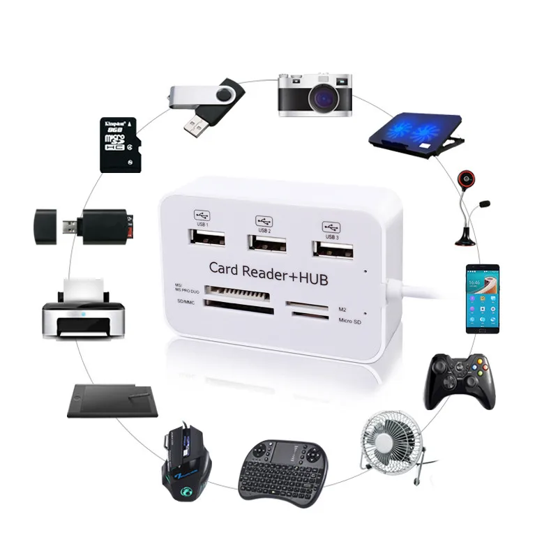 

USB Hub 2.0 USB Splitter 3 Ports MicroSD/TF/SD/MMC Card Reader High Speed Multi USB Hub All In One USB 2.0 Hub for PC Phone