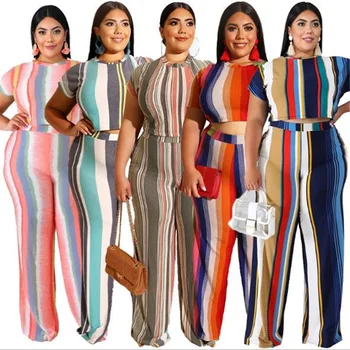 

Fashion 2 Piece Set Women's Suit O-Neck Short Sleeve Striped Print Straight Pants Casual Two Piece Set Top Pants Dropshipping