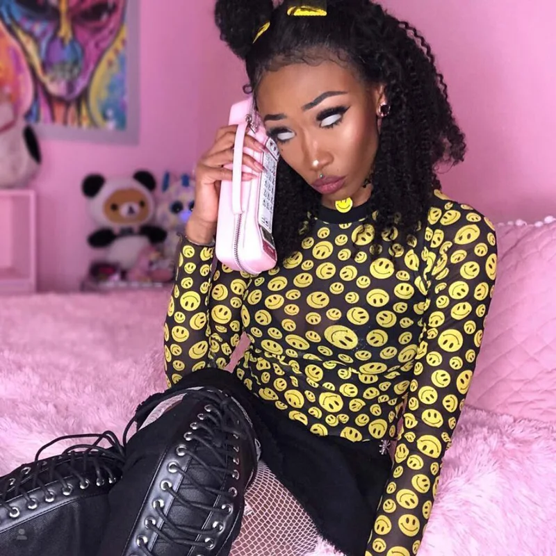 المتناثرة dollskill الأصفر ابتسامة الوجه طباعة مثير شبكة أعلى longsleeve قصيرة القمصان المحملة قميص فام camiseta transparente موهير المتناثرة dollskill الأصفر ابتسامة الوجه طباعة مثير شبكة أعلى longsleeve قصيرة القمصان المحملة قميص فام camiseta transparente موهير
