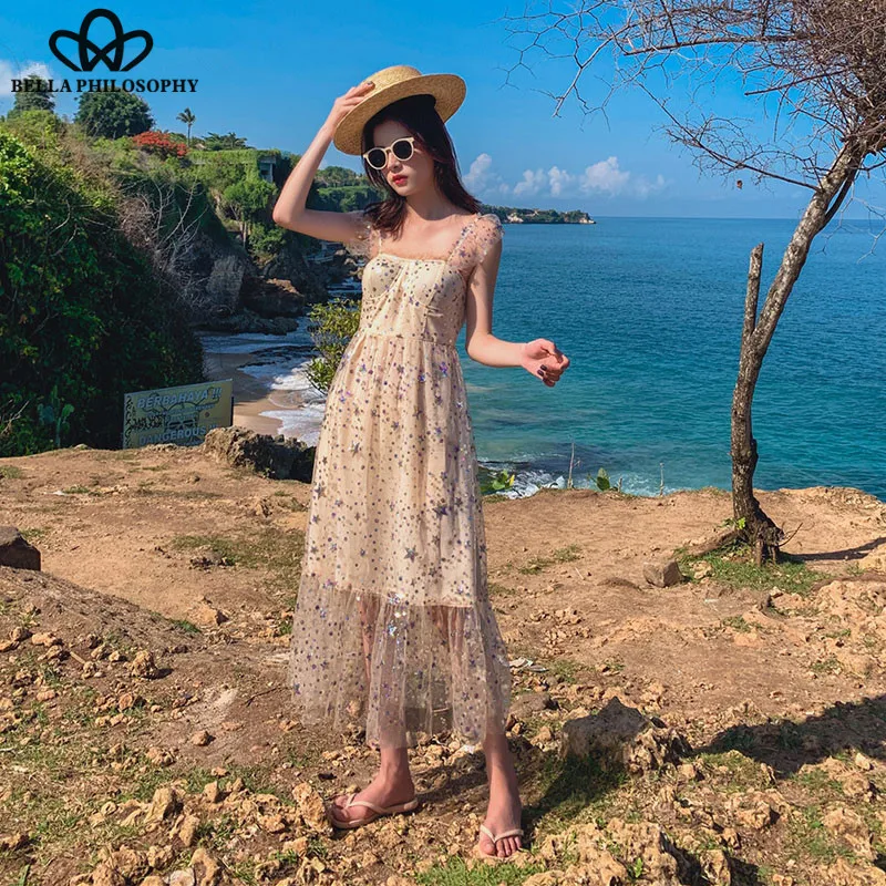 Wonder Boho Dress Backless Spaghetti Strap Sheer Mesh Dress Women Retro Sequined Embroidery Long Beach Dress Vestidos 2019 new