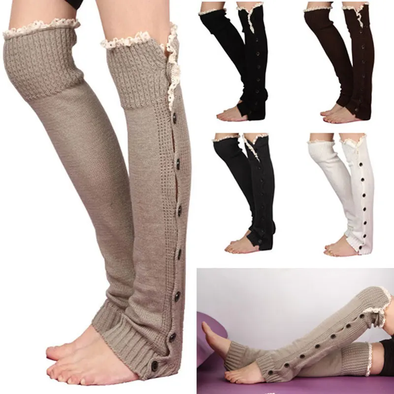 2017 Long Solid Button Down Lace Knitted Stockings Women Warm Boot