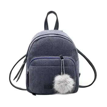 

School Bag for Girl Vintage Corduroy Solid Color Travel Backpacks Striped Pompon Cute Shoulder Bag