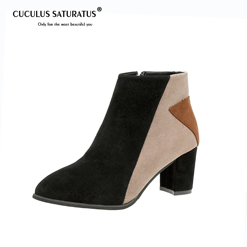 

Cuculus Women Boots Chunky High Heels Winter Shoes Woman Designer Mixed Color Faux Suede Ankle Boots Female Botas Mujer 1391