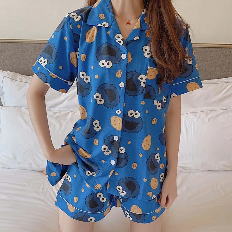 Caiyier милые белые пижамы с принтом монстра, женские хлопковые пижамы с маской для глаз, сексуальные женские летние милые пижамы, 3 шт - Цвет: Синий