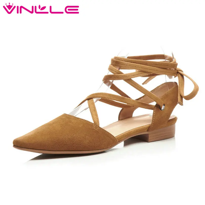 

VINLLE 2018 Summer Women Pumps Square Low Heel Pointed Toe Slingback Black Lace Up Ladies Wedding Shoes Size 34-39