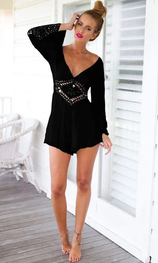 Long Sleeve Deep V-neck Backless Hollow Out Lace Jumpsuit