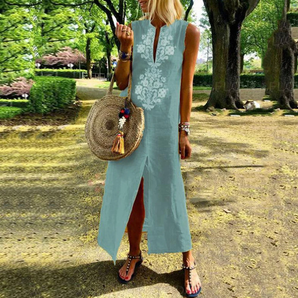 2018 Women Sexy V-Neck Cotton Linen Blend Sleeveless Loose Casual Split Long Shirt Dress