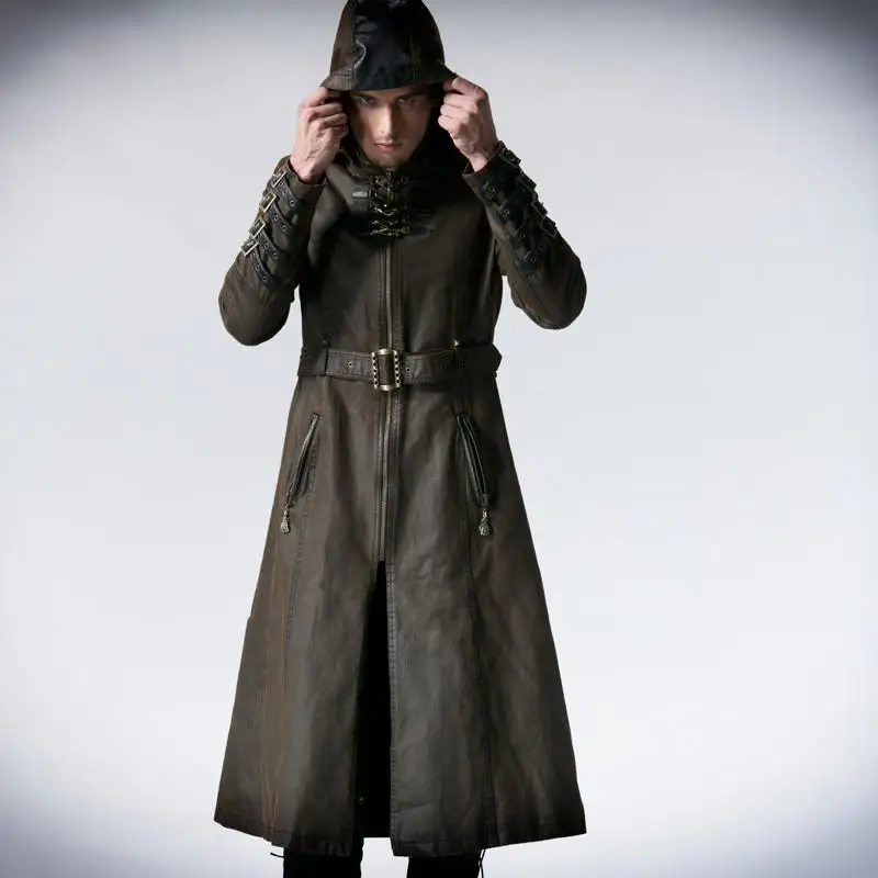Панк Rave Мужская Готическая военная сила Walker пальто с капюшоном с поясом Y-550