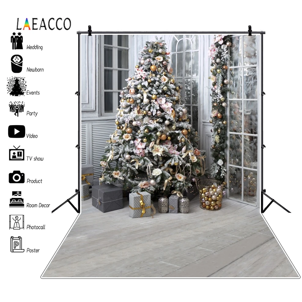 

Laeacco Christmas Tree Interior Wooden Floor Portrait Photographic Backgrounds Customized Photography Backdrops For Photo Studio