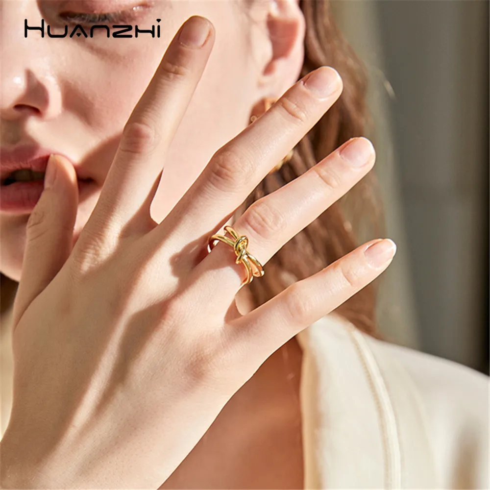 

HUANZHI Tie Open Rings Fine Gold Silver Color Metal Elegant Chic Design Geometric Finger Rings for Women Girls Party Jewelry