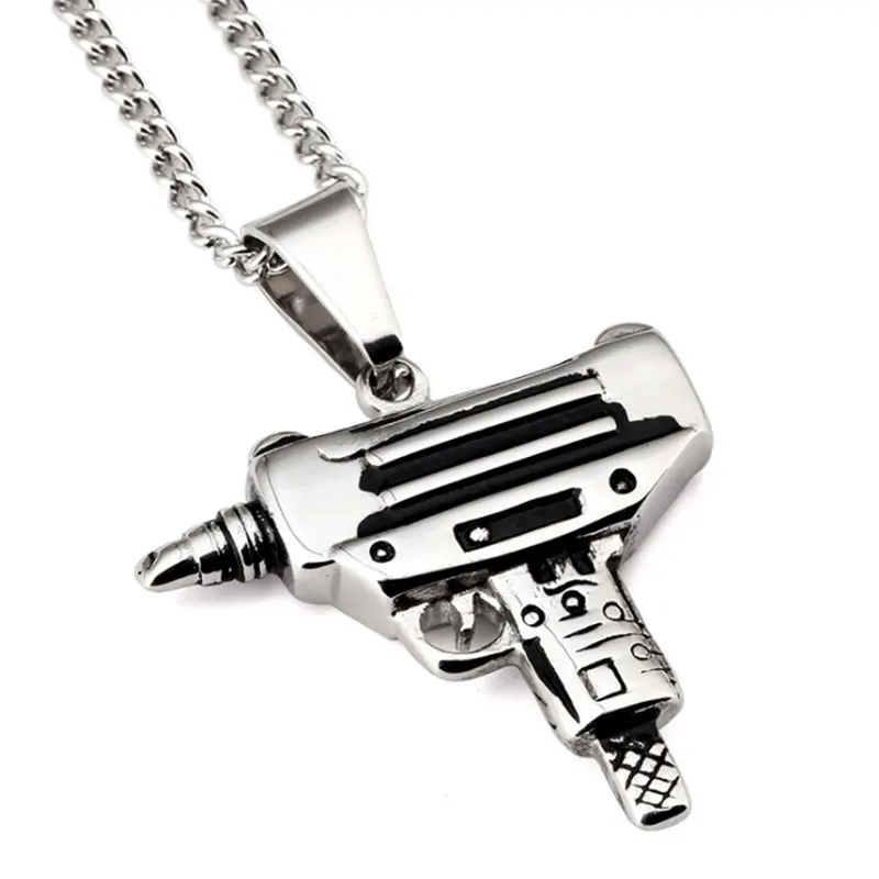 Stainless Steel Pistol Pendant Submachine Gun Necklace Personality Male